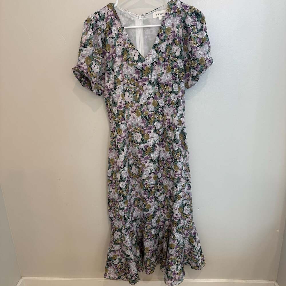 Böhme Women's Floral Print V-Neck Puff Short Sleeve purple Midi Dress Size S